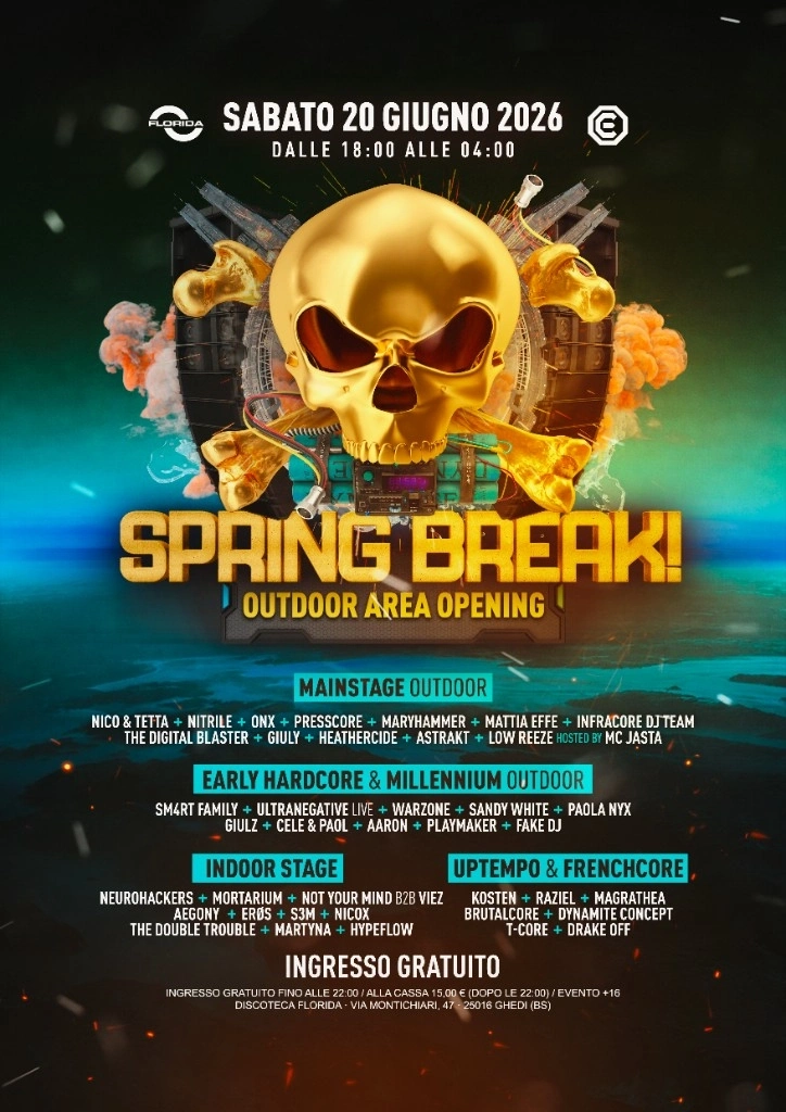Poster Spring Break con teschio dorato 3D e lineup outdoor alla Discoteca Florida