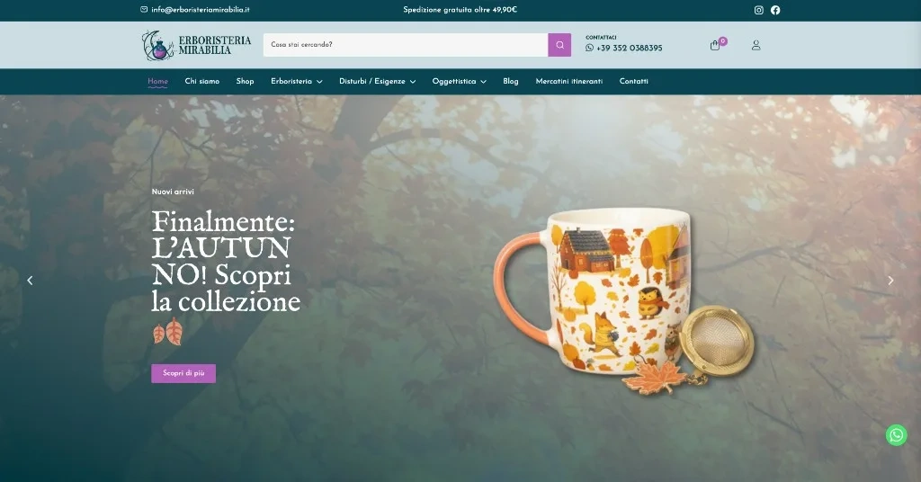 Homepage di Erboristeria Mirabilia con slider della collezione autunnale