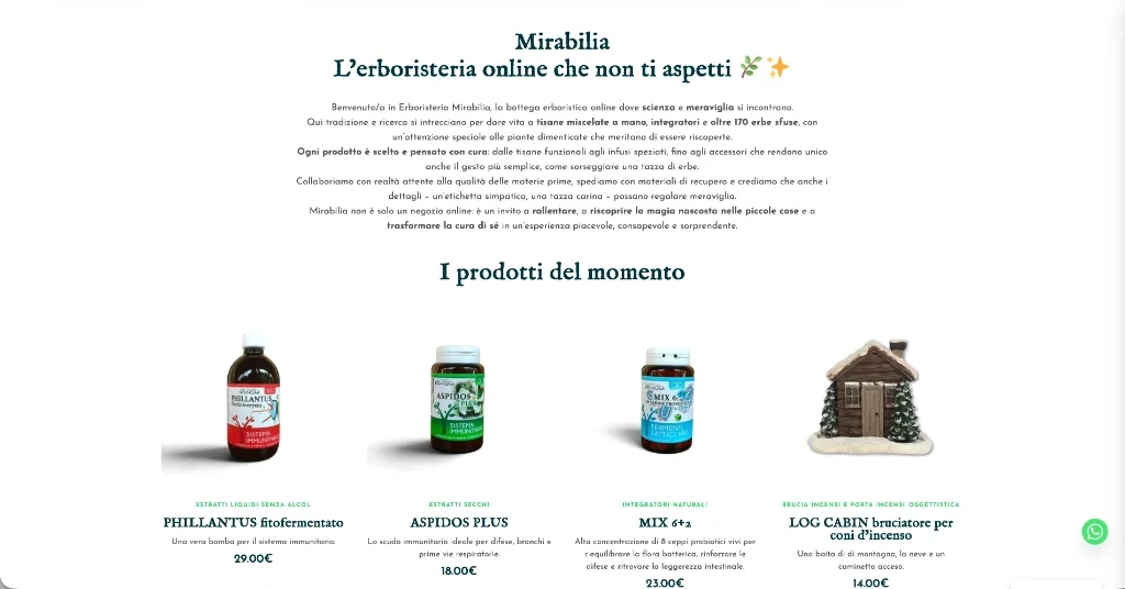 Sezione homepage con i prodotti del momento e l’oggettistica