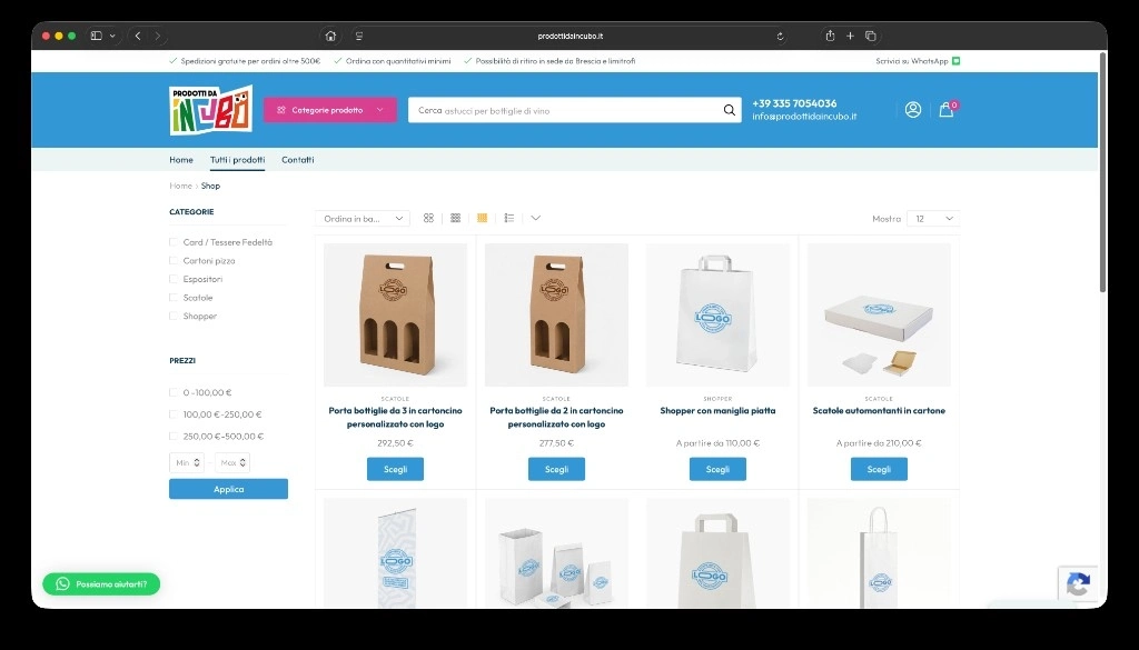 Catalogo shop con filtri per categoria e griglia di packaging personalizzabili