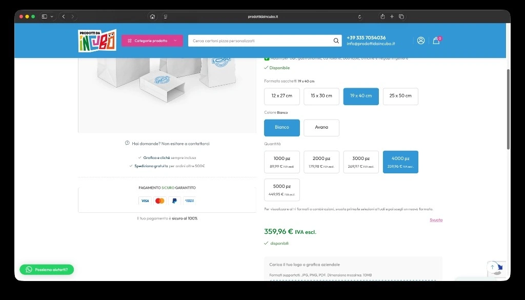 Configuratore prodotto con scelta formato, colore e quantità