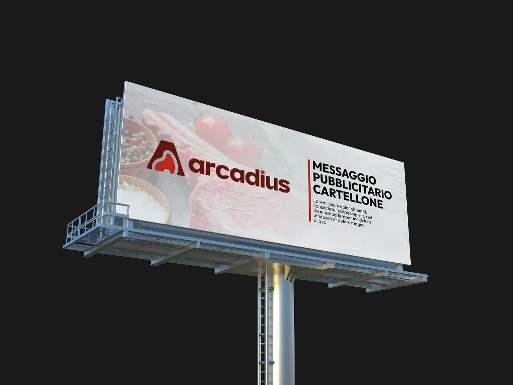Cartellone pubblicitario Arcadius con logo rosso e fotografia di carne